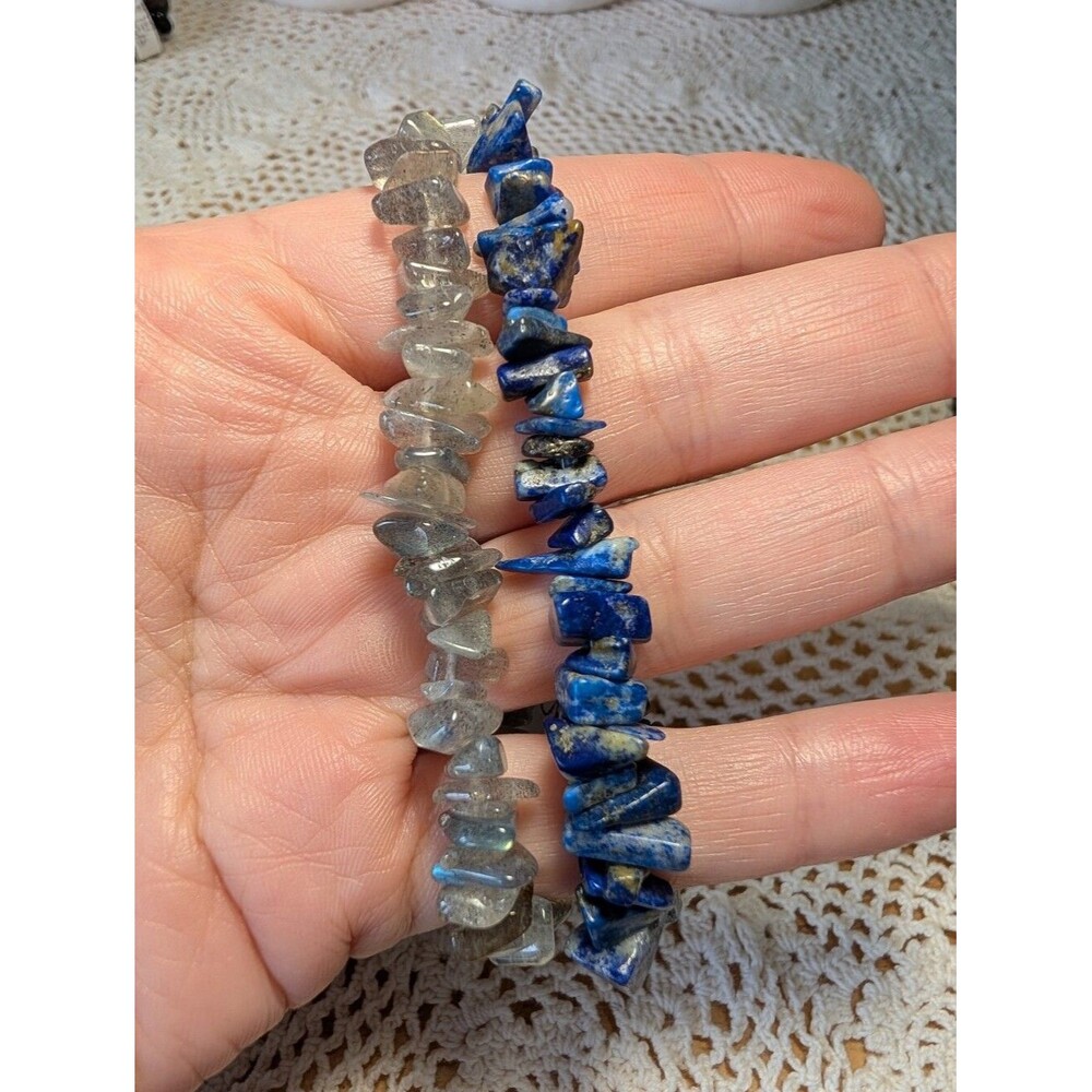 Handmade Stretch Bracelet Set- Labradorite And Lapis Lazuli